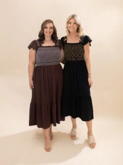 Woven Midi Dress With Embroidery Bodice Smocking | S - 3XL