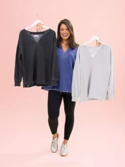 Lived In Long Sleeve V Neck Back Split Pullover By DD Design | S-3XL