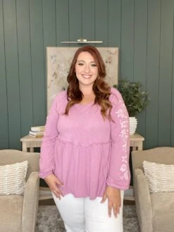 Embroidered Long Sleeve Baby Doll Boat Neck Top | S-L