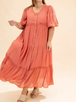 Textured Puff Short Sleeve Tiered Maxi Dress | S-L