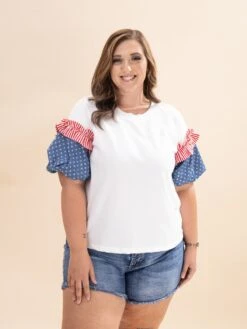Ruffle Accent Contrast Puff Sleeve Top | S-L Americana