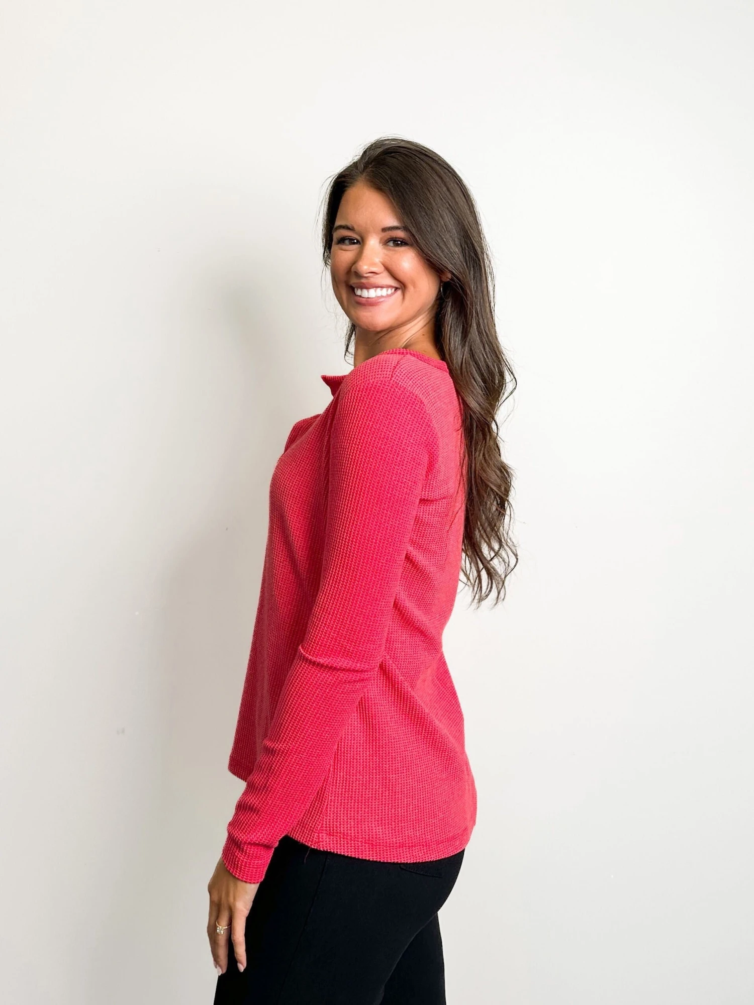 Zenana Melange V Neck Long Sleeve Waffle Knit Top | S-XL 3 Zenana Melange V Neck Long Sleeve Waffle Knit Top | S-XL - Image 3