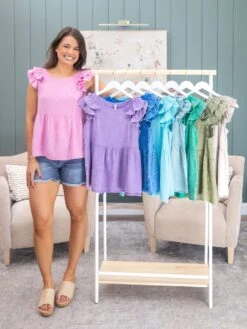 Zenana Double Gauze Acid Washed Ruffle Sleeve Peplum Top | S-L