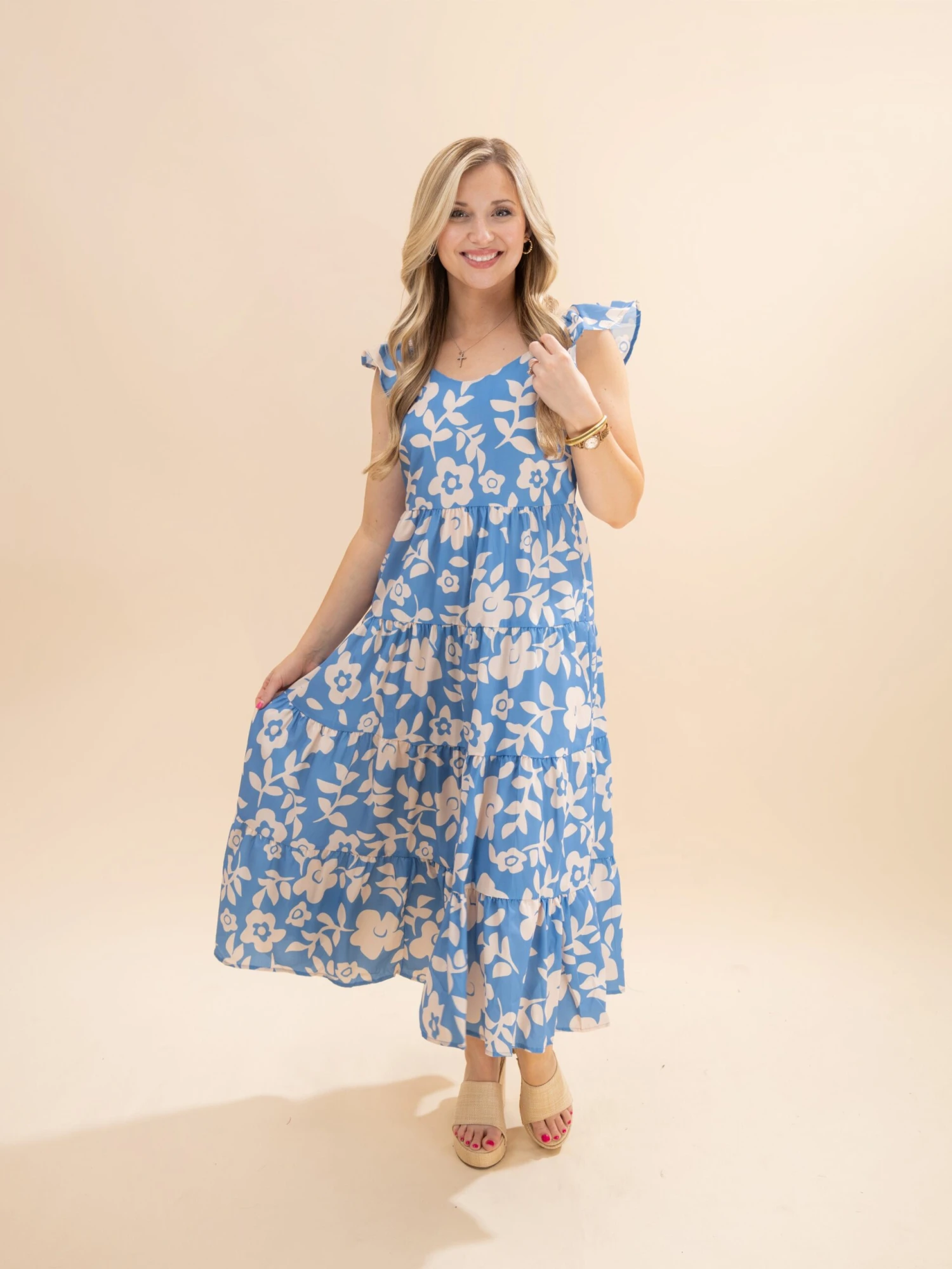 Floral U Neck Flutter Shoulder Tiered Flowy Midi Dress | S-XL 2 Floral U Neck Flutter Shoulder Tiered Flowy Midi Dress | S-XL - Image 2