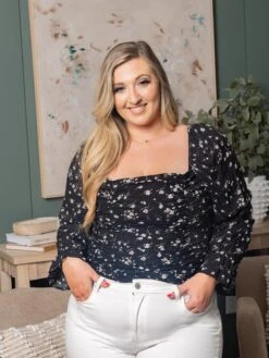 LENA Floral Print Long Sleeve Square Neck Ruched Top | S - L