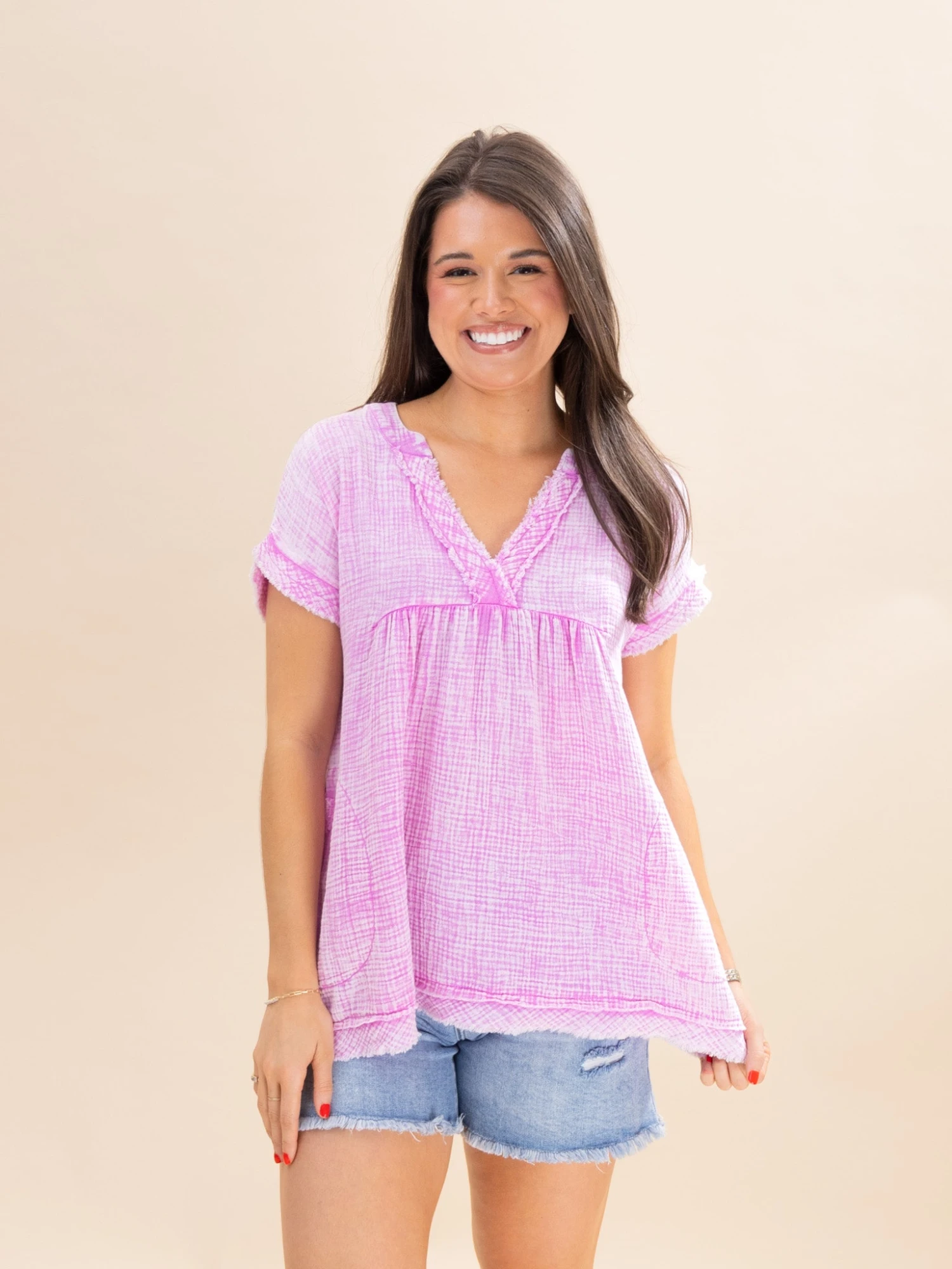 Zenana Washed Double Gauze Raw Edge Short Sleeve Top | S-3X 5 Zenana Washed Double Gauze Raw Edge Short Sleeve Top | S-3X - Image 5