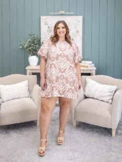 Botanical Print Short Dress With Puff Sleeves | S-2XL