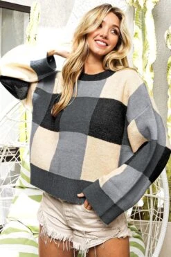 Color Block Check Pattern Sweater | S - XL BiBi
