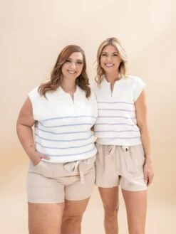 Drop Shoulder Half Zip Striped Sweater Top | S-2XL