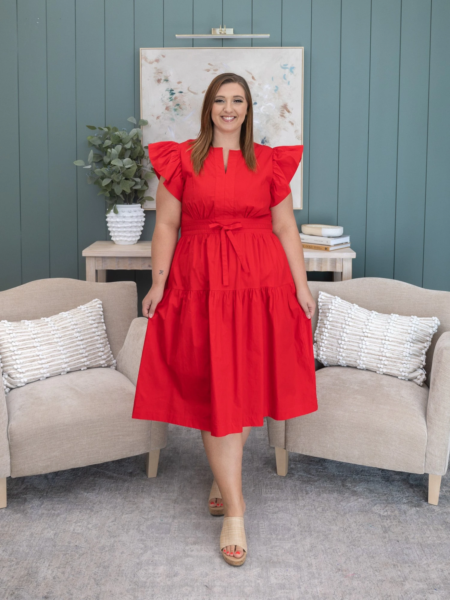 Solid Tiered Midi Dress With Flutter Sleeves And Tie Waist Detail | S-3XL 2 Solid Tiered Midi Dress With Flutter Sleeves And Tie Waist Detail | S-3XL - Image 2