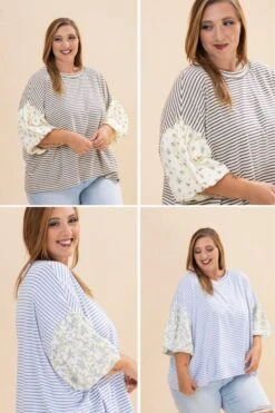 Floral Short Sleeve Striped Knit Pullover Top | S-3XL