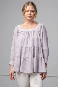 Long Sleeve Striped Woven Ruffled Top | S - L Easel