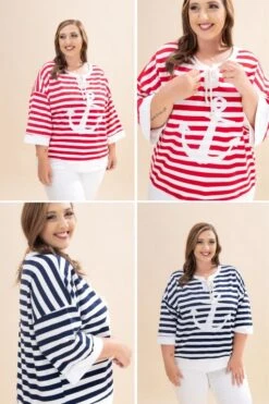 Marine Striped Short Sleeve Pullover With Anchor Graphic Top| S-3XL