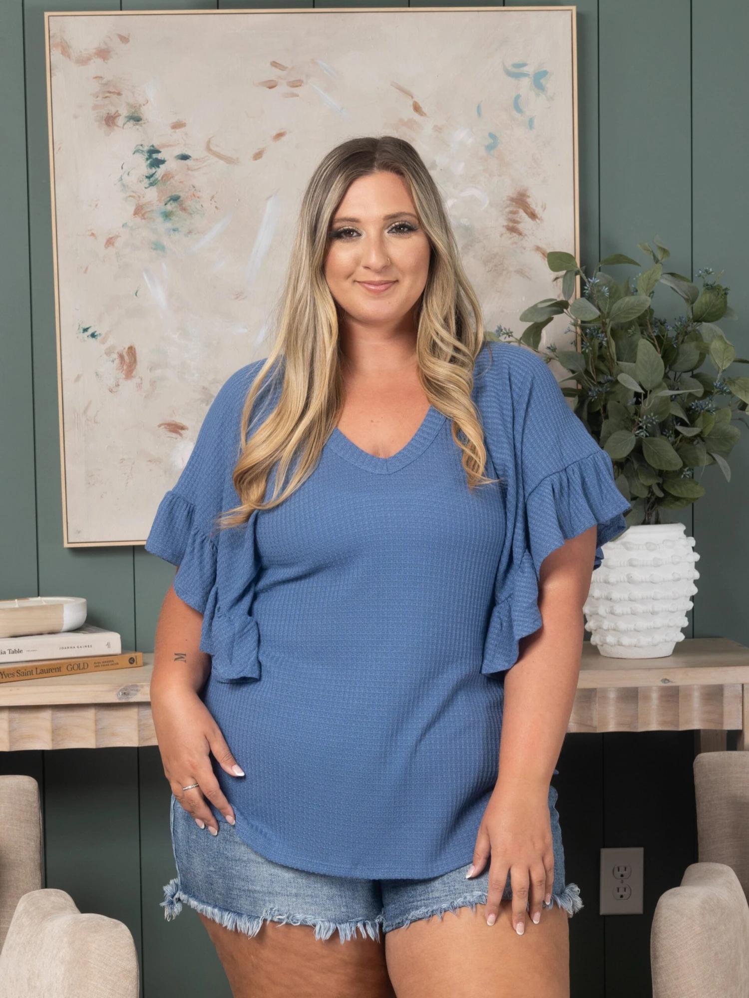 Waffle Knit Ruffled Sleeve Top | S - XL 2 Waffle Knit Ruffled Sleeve Top | S - XL - Image 2