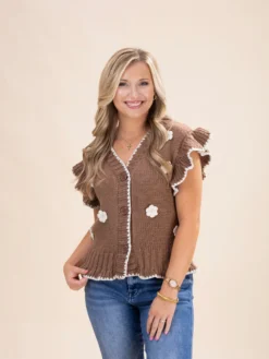 Crochet Floral Detail Ruffled Knit Cardigan | S-L -Discount Divas Shop d954f6f6c3e6b8c04d9e657e63a979a5