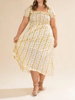 Floral Striped Print Smocked Midi Dress | S-L