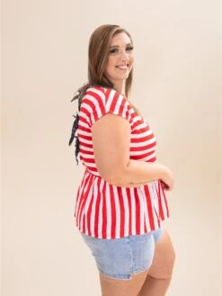 Drop Shoulder Woven Striped Top With Contrast Back Bow Tie | S-L Americana -Discount Divas Shop d96ce18f7b444bcf35aa64d5452a1e56