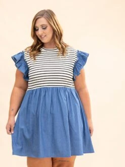Denim Contrast Stripe Dress | S-L -Discount Divas Shop d98fe7a9cba6dee8d09eb2f072593b26