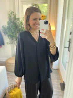 V Neck Front Pleated Long Sleeve Top | S-3X