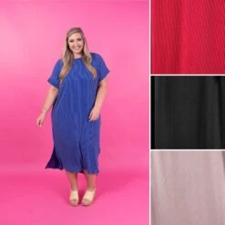 Short Sleeve Round Neck Ribbed Midi Dress | S - 2X