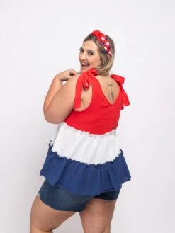 Colorblock Ruffle Babydoll Sleeveless V Neck Top | S-3X Americana -Discount Divas Shop db835d3da3903491915f8fb7604c7d0a