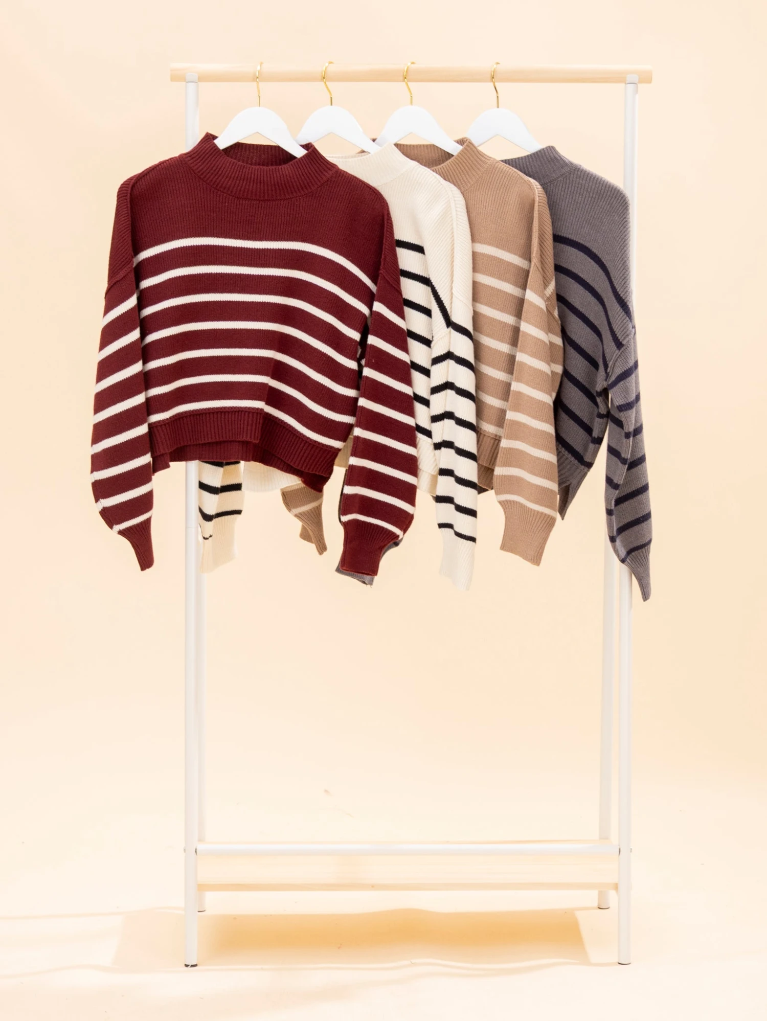 Stripe Mock Neck Drop Shoulder Knit Sweater | S-L 1 Stripe Mock Neck Drop Shoulder Knit Sweater | S-L
