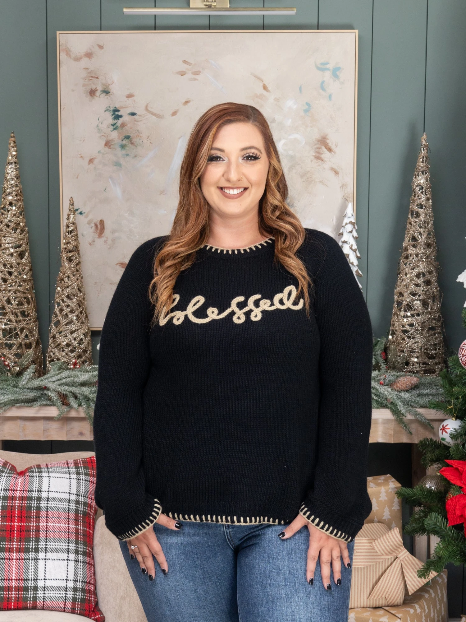 Blessed Thanksgiving Lettering Sweater W/ Blanket Stitch | S-L Thanksgiving 6 Blessed Thanksgiving Lettering Sweater W/ Blanket Stitch | S-L Thanksgiving - Image 6