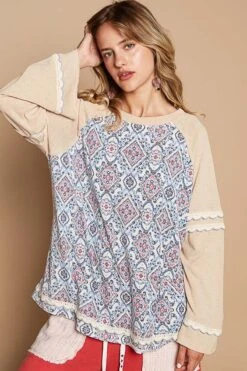 Round Neck Long Sleeve Printed Knit Solid Top | S-L POL