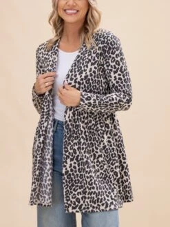 Raised Rib Long SleeveAnimal Print Open Front Cardigan | S-3XL