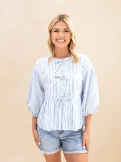 Textured Striped Front Tie Blouse | S-3XL
