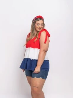 Colorblock Ruffle Babydoll Sleeveless V Neck Top | S-3X Americana -Discount Divas Shop ddc002c31316ec2033da1db7926ad446