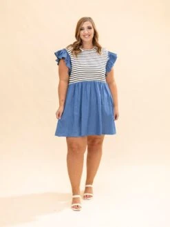 Denim Contrast Stripe Dress | S-L -Discount Divas Shop deab62bf16ba0e5acdb18bac40bf14df