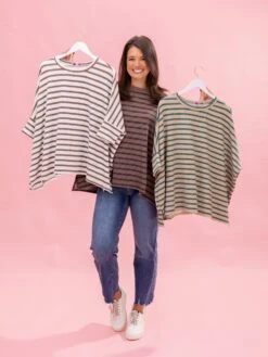 Fall Striped Raised Rib Easy Fit3/4 Sleeve Top By DD Design | Reg-Plus