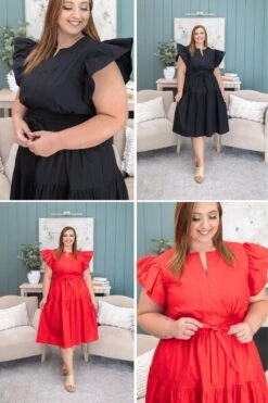 Solid Tiered Midi Dress With Flutter Sleeves And Tie Waist Detail | S-3XL