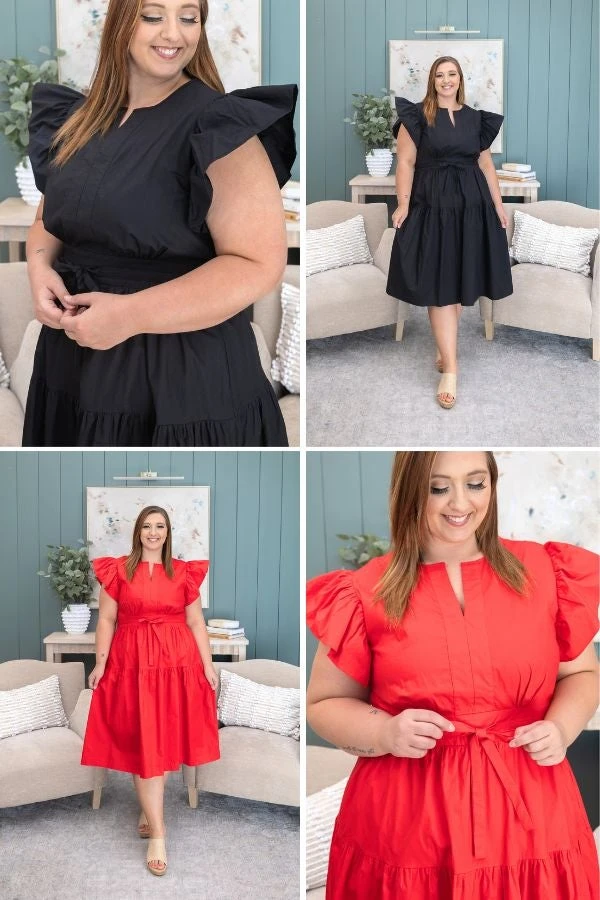 Solid Tiered Midi Dress With Flutter Sleeves And Tie Waist Detail | S-3XL 1 Solid Tiered Midi Dress With Flutter Sleeves And Tie Waist Detail | S-3XL
