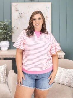 Contrast Detail Striped Ruffle Short Sleeve Top | S-XL