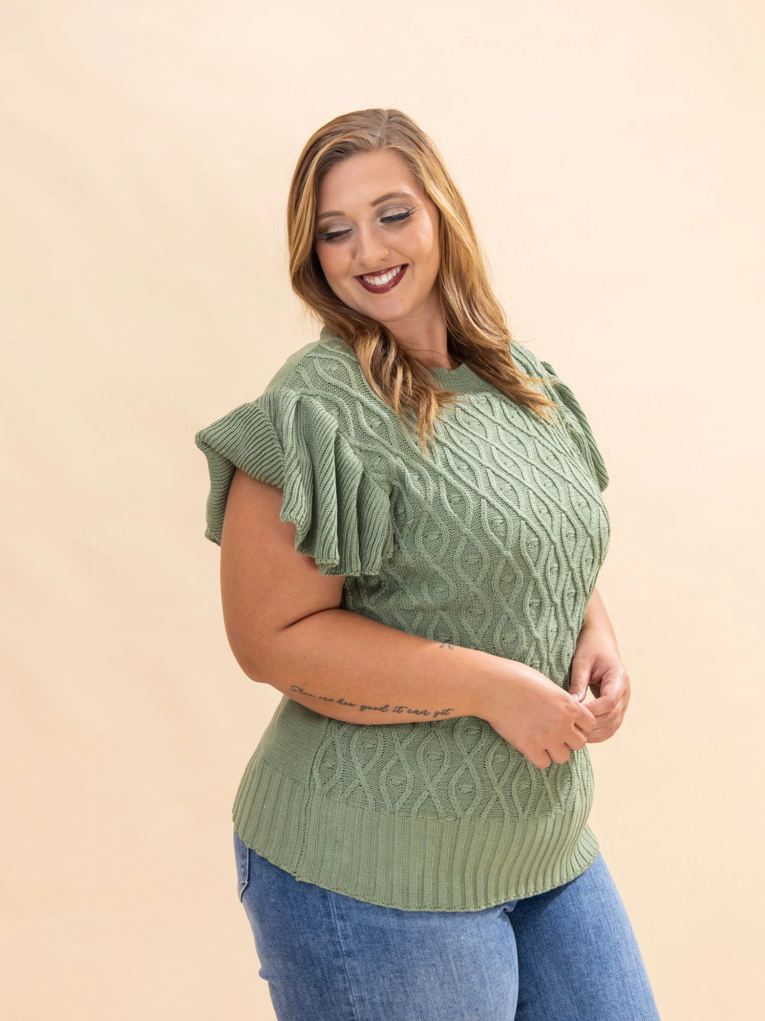 Cable Knitted Short Flutter Sleeve Sweater | S-3XL 4 Cable Knitted Short Flutter Sleeve Sweater | S-3XL - Image 4