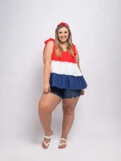 Colorblock Ruffle Babydoll Sleeveless V Neck Top | S-3X Americana -Discount Divas Shop e77f88b717a5cff3ecfb9bb46e425612