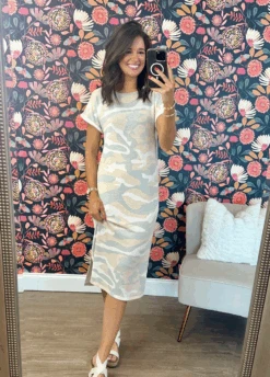 Rolled Short Sleeve Camo PrintMaxi Dress | S-L