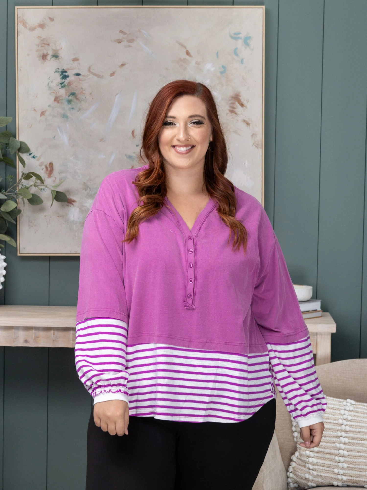 Long Sleeve V-Neck Half Button Mineral Wash Top | S-L Easel 1 Long Sleeve V-Neck Half Button Mineral Wash Top | S-L Easel