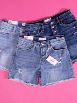 Diva Denim High Rise Expose Button Fray Hem Shorts | S-3XL