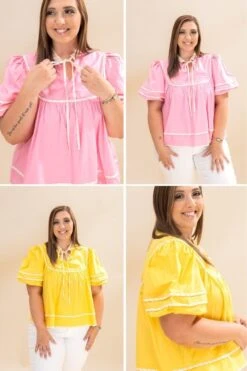 Short Puff Sleeve Blouse With Contrast Stripe Detailing | S-L