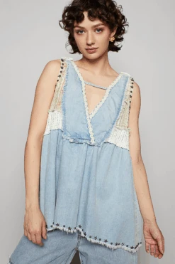 Denim Mixed Media V Neck Sleeveless Studded Top | S - L POL