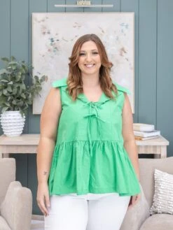 Front Tied V Neck Sleeveless Babydoll Top With Collar | S-3XL