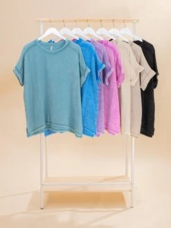 Zenana Acid Wash Round Neck Cuffed Short Sleeve Tee | S-3X -Discount Divas Shop ee559f96ded8e45050c7522aa941c3a6