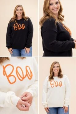 Boo PatternRibbed Edge Drop Shoulder Sweater | S-2XL Halloween