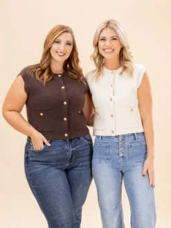 Gold Button Sleeveless Pocket Detail Knit Vest | S-L