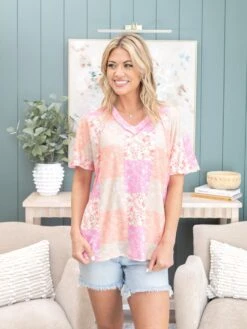 Short Sleeve V Neck Multi Floral Print Top | S-L