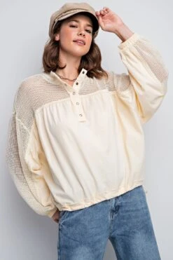 Long Sleeve Fishnet Cotton Jersey Mock Button Front Top | S-L Easel -Discount Divas Shop f39d84f911cc282336865b25f93e1b85