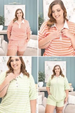 Raised Rib Stripe Button Butterfly Collar Top | S-3X Pair W/ Sku60954